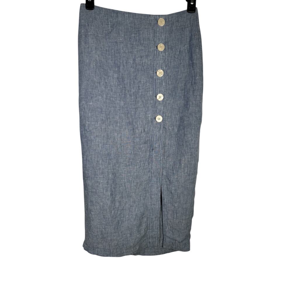 LOFT Linen Midi Skirt Size 2 Blue Botton Front Slit Summer Coastal Minimalist - Picture 2 of 12